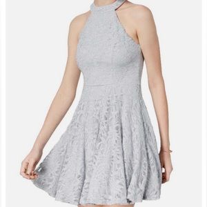 Silver Floral Lace Glitter Halter Short Formal Fit & Flare Juniors Dress